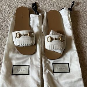 Gucci White Horsebit Fringed Sandals with Original Box and Dust Bags IT 38